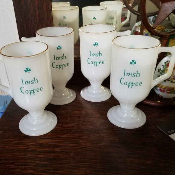 Milk Glass Irish Coffee Other - 4 Milk glass Irish Coffee Mugs Gold Trim